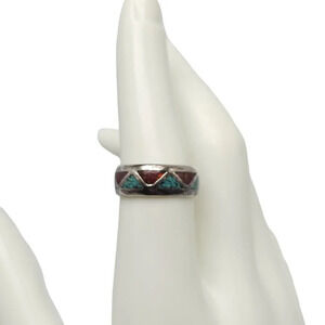 Crushed Blue Turquoise Red Coral Band Ring Size 7 Silver Tone Vintage Southwest